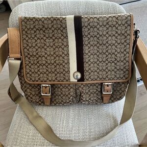 Vintage Coach Voyager Logo Canvas and Leather Messenger Bag in Brown